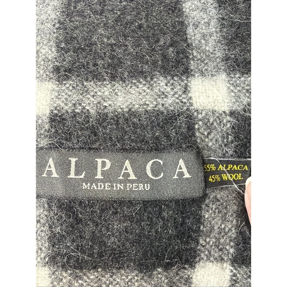 Alpaca Wool Gray And White Plaid Throw Blanket Fringe 62'' x 51'' Farmhouse Cozy